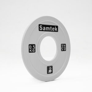 Samtek Powerlifting Competition Plate slim calibrated steel Olympic weightlifting disc with precise center hub loading onto a powerlifting bar.