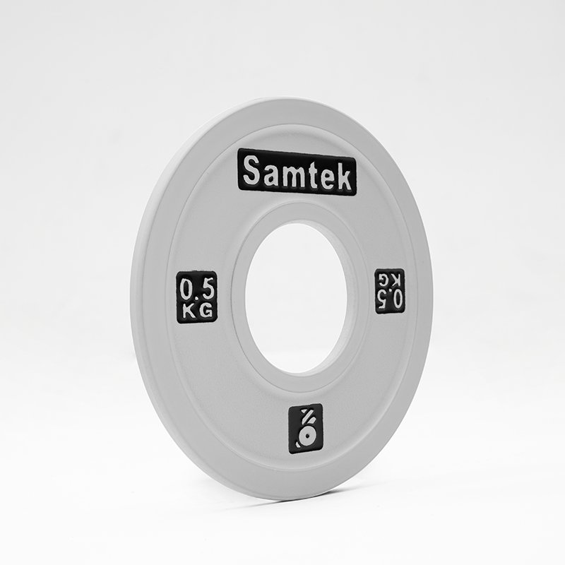 Samtek Powerlifting Competition Plate 1 Samtek Powerlifting Competition Plate slim calibrated steel Olympic weightlifting disc with precise center hub loading onto a powerlifting bar.