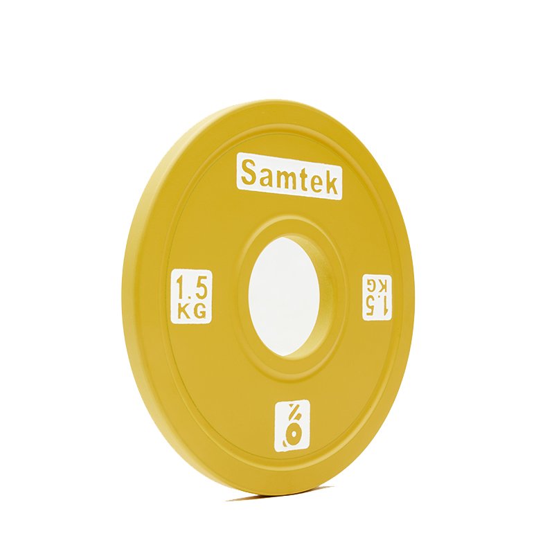 Samtek Powerlifting Competition Plate 3 Samtek Powerlifting Competition Plate slim calibrated steel Olympic weightlifting disc with precise center hub loading onto a powerlifting bar.