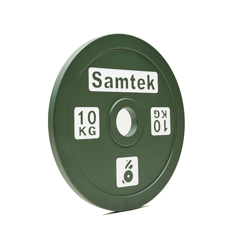 Samtek Powerlifting Competition Plate 7 Samtek Powerlifting Competition Plate slim calibrated steel Olympic weightlifting disc with precise center hub loading onto a powerlifting bar.