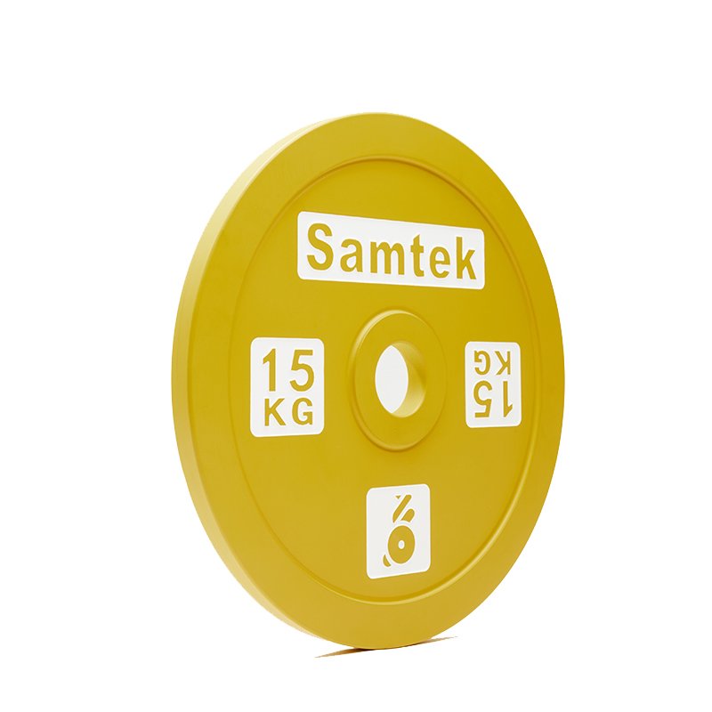 Samtek Powerlifting Competition Plate 8 Samtek Powerlifting Competition Plate slim calibrated steel Olympic weightlifting disc with precise center hub loading onto a powerlifting bar.