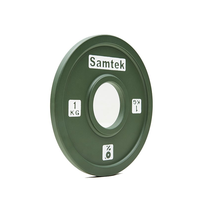 Samtek Powerlifting Competition Plate 2 Samtek Powerlifting Competition Plate slim calibrated steel Olympic weightlifting disc with precise center hub loading onto a powerlifting bar.