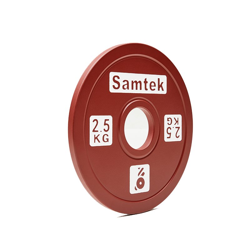 Samtek Powerlifting Competition Plate 5 Samtek Powerlifting Competition Plate slim calibrated steel Olympic weightlifting disc with precise center hub loading onto a powerlifting bar.