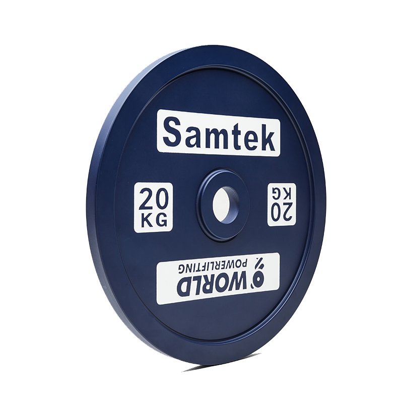 Samtek Powerlifting Competition Plate 9 Samtek Powerlifting Competition Plate slim calibrated steel Olympic weightlifting disc with precise center hub loading onto a powerlifting bar.