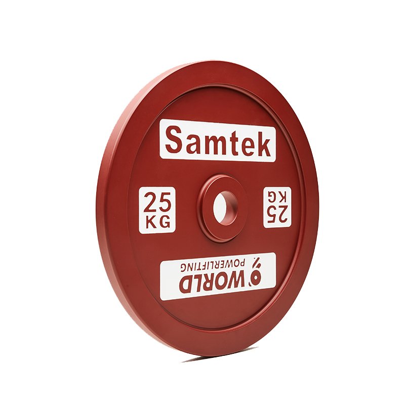 Samtek Powerlifting Competition Plate 10 Samtek Powerlifting Competition Plate slim calibrated steel Olympic weightlifting disc with precise center hub loading onto a powerlifting bar.
