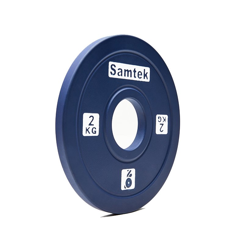 Samtek Powerlifting Competition Plate 4 Samtek Powerlifting Competition Plate slim calibrated steel Olympic weightlifting disc with precise center hub loading onto a powerlifting bar.