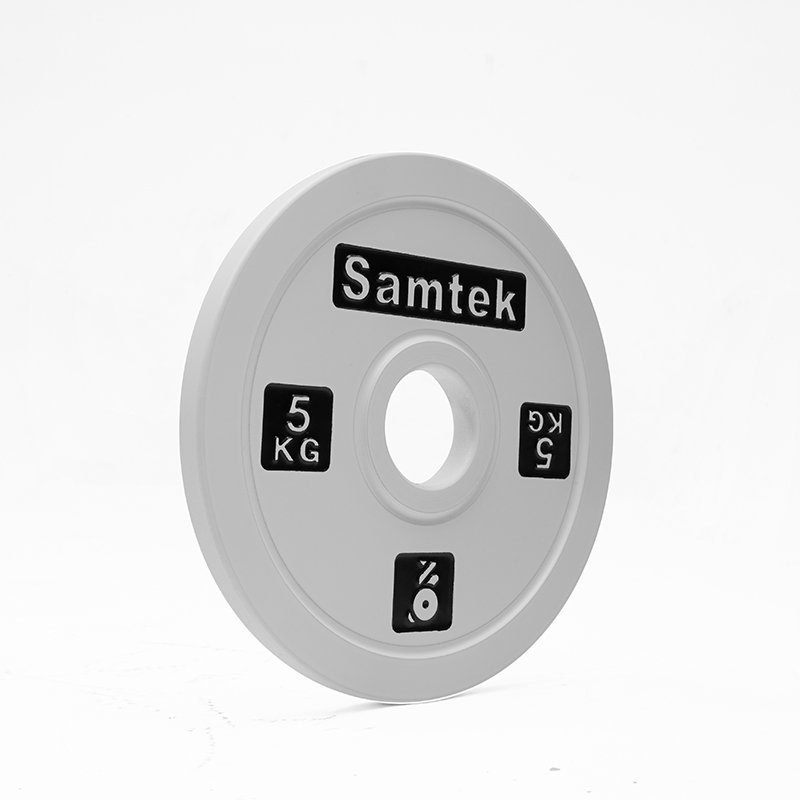 Samtek Powerlifting Competition Plate 6 Samtek Powerlifting Competition Plate slim calibrated steel Olympic weightlifting disc with precise center hub loading onto a powerlifting bar.