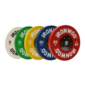IronWOD Natural Rubber Competition Grade Flange Barbell Plates vibrant color coded low bounce Olympic bumper weight plates with raised easy grip edges on a gym platform.