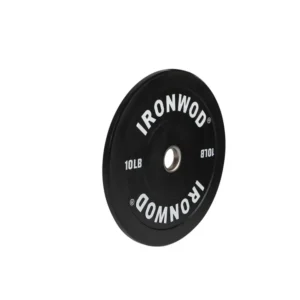 IronWOD Powerlifting Weight Plate slim calibrated steel Olympic disc with precise center hub loading onto a powerlifting barbell sleeve.