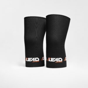 Leadstrong Knee Sleeves pair of thick black high density neoprene compression joint sleeves with double reinforced stitching for heavy weightlifting squats.