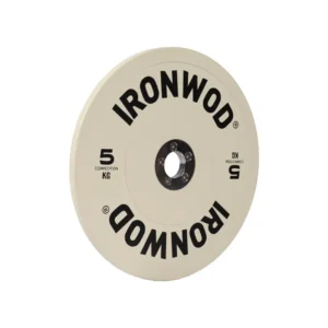 IronWOD Natural Rubber Competition Grade Flange Barbell Plates vibrant color coded low bounce Olympic bumper weight plates with raised easy grip edges on a gym platform.